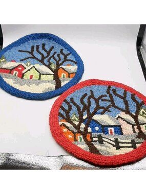Vintage Folk Art Handmade Rug Hooking Round House Patterned Hanging Set of 2